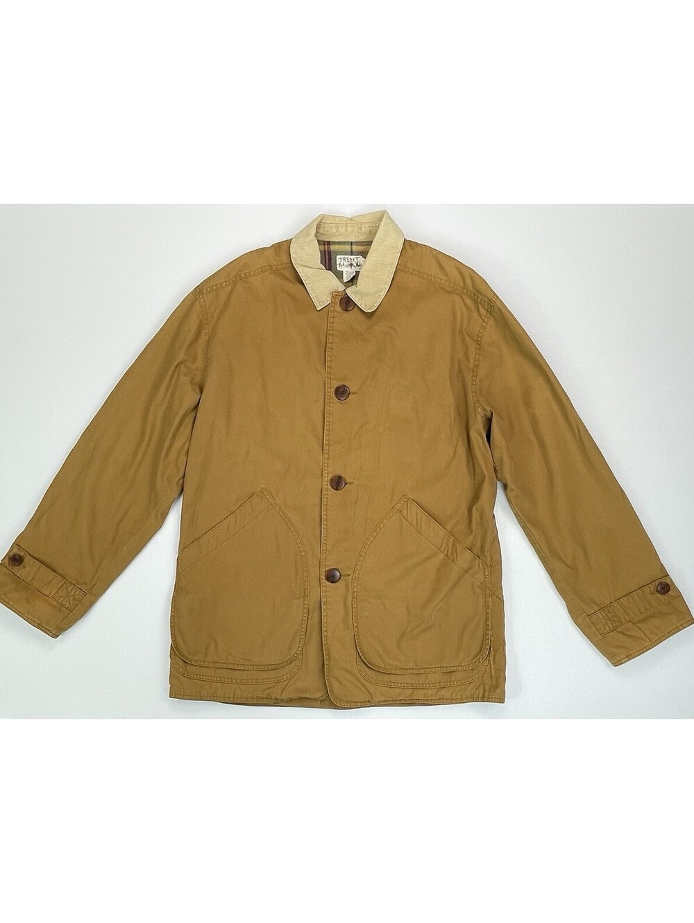 Vintage 90s J Crew Oarsman Barn Jacket Large Tan Canvas Chore Coat Plaid Faded